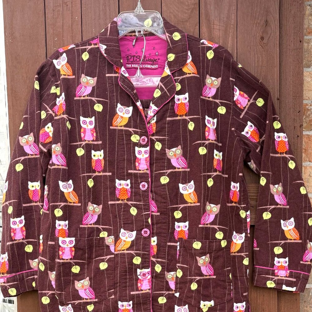PJ Salvage OWLS  Flannel Pajama Set Womens  Sz S Rust/Pink Cozy Lounge preowned